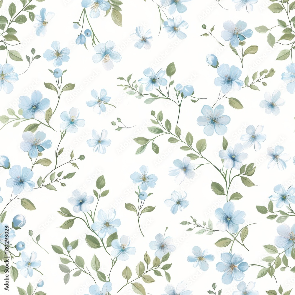Seamless Floral Pattern with Soft Blue Blossoms and Greenery.