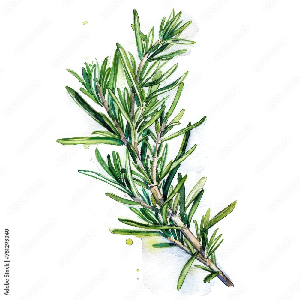 Artistically rendered in watercolor, this sprig of rosemary Artistically rendered in watercolor, this sprig of rosemary
