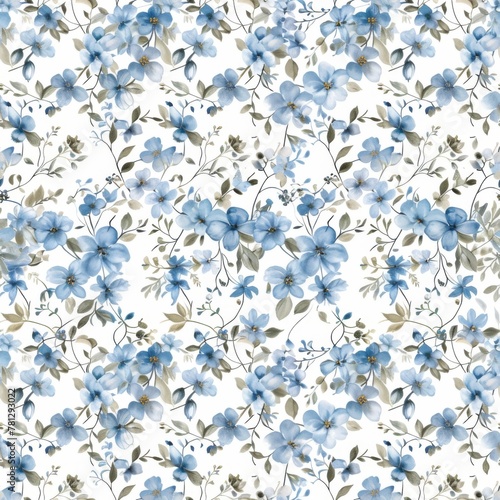 Seamless Blue Floral Pattern on White Background for Elegant Design.