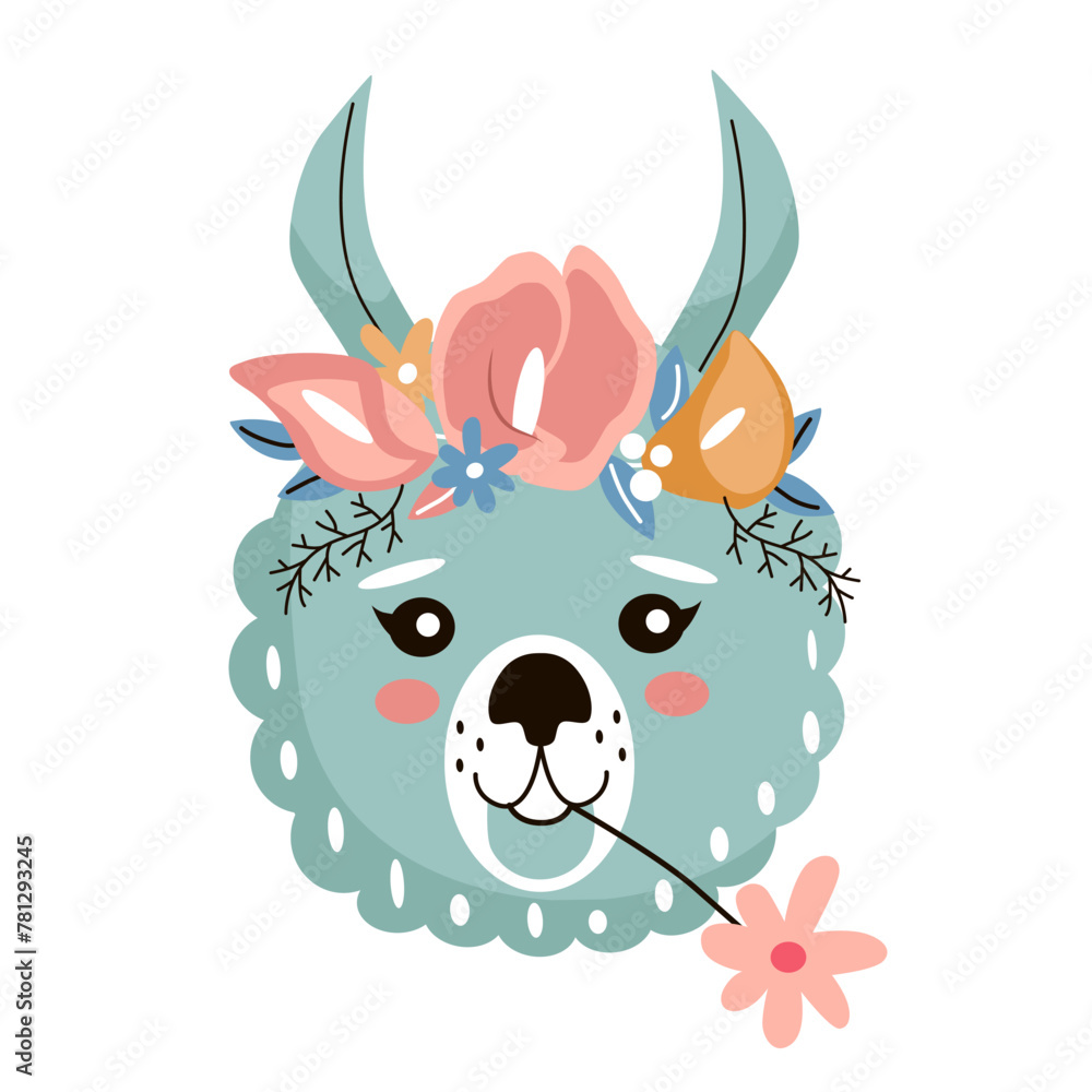 Naklejka premium Lama head with flower crown. Cute Vector illustration for children design, poster, birthday greeting cards