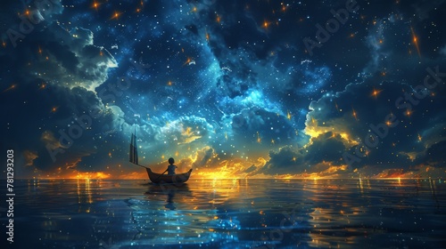 Boy rowing a boat in the ocean while observing a sailing ship floating in the stars, digitl style, illustration painting