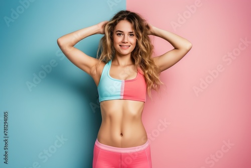 A beautiful young woman posing in a pink and blue sports bra showcasing her fitness transformation. © Joaquin Corbalan