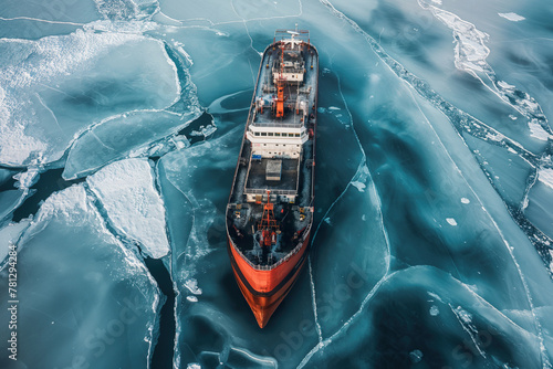 A large nuclear icebreaker navigates through ice-covered water, breaking through the frozen surface. photo