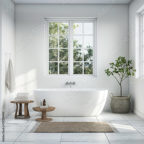 Sunlit  modern bathroom with a freestanding tub and a view of greenery.
