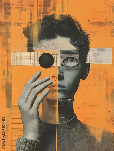 Art illustration in grey and yellow, fascinating portrait of a young person with glasses, blind eye, hand up, modern abstract decoration, serious student, disabled boy or girl poster, original artwork
