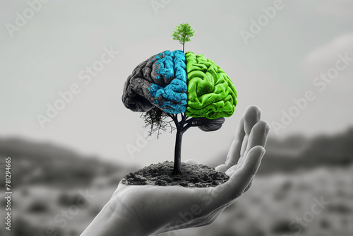 Hand holding a human brain growing from soil with fresh green sprout, brain begins to take colors. New beginnings, self care, recovering from trauma concept