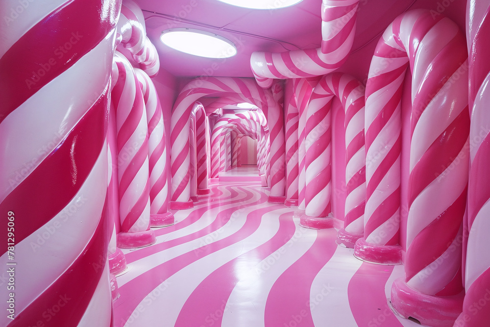 Candy Cane Dreamscape Whimsical Pink Striped Corridor with a Playful Twist