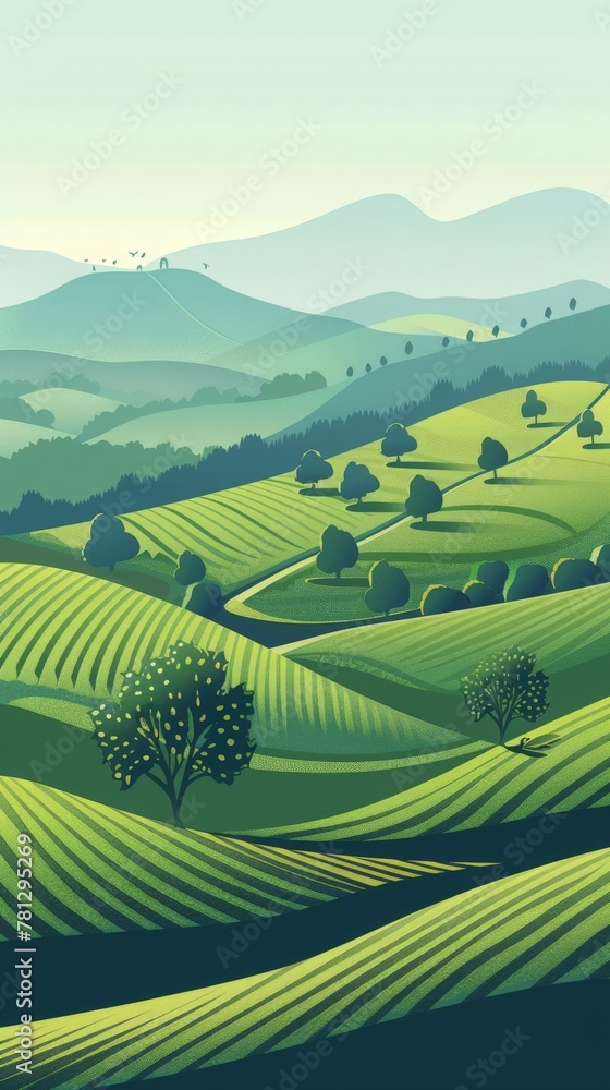 Design a serene vector illustration capturing the essence of a tranquil mountain landscape, dotted with trees and sprawling fields, ideal for art prints
