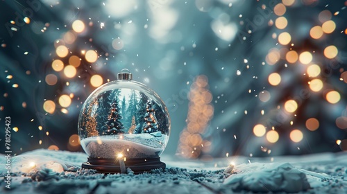 Winter Christmas background with an empty crystal snow globe. Three-dimensional rendering.