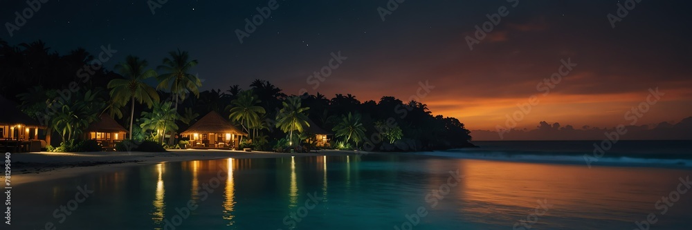 tropical holidays in night beach resort island panoramic wide angle from Generative AI