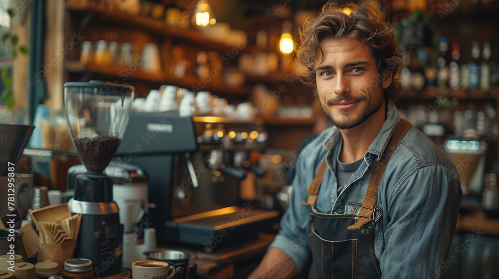 A young barista in an apron brewing coffee on a bar. Small business concept