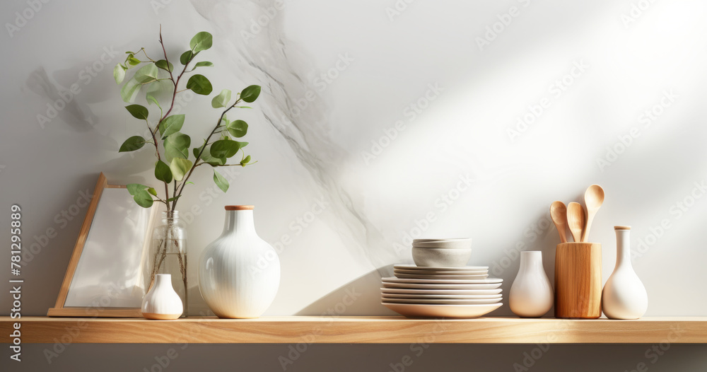 Modern kitchen shelf with utensils and plant