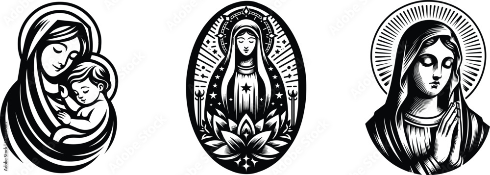 Set of virgin mary, Christianity symbol, vector illustration. Set of virgin mary, Christianity symbol, vector illustration.