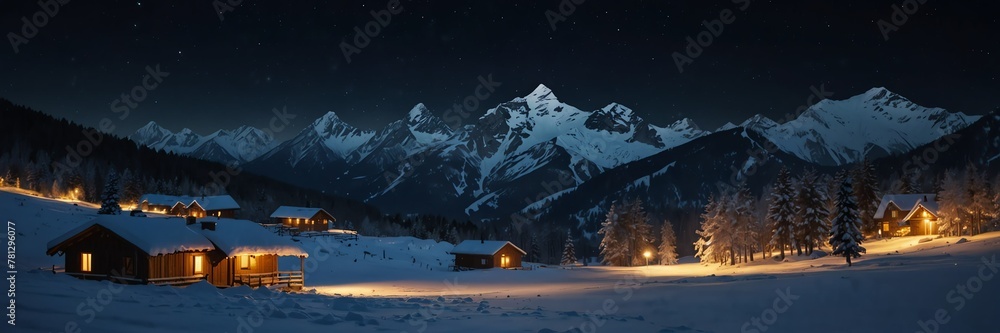 winter holidays in night snow mountain range panoramic wide angle from Generative AI