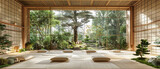 Traditional Japanese Garden, Zen Atmosphere with Wooden Architecture, Peaceful Outdoor Design, Cultural Landscape and Decor