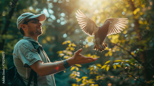 An ornithologist with a pigeon in the woods. Sun glare photo