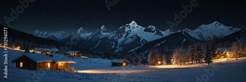 winter holidays in night snow mountain range panoramic wide angle from Generative AI © SevenThreeSky