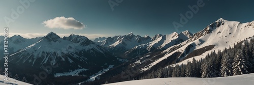 winter holidays in snow mountain range panoramic wide angle from Generative AI © SevenThreeSky