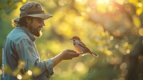 An ornithologist holds a bird on his arm in the forest