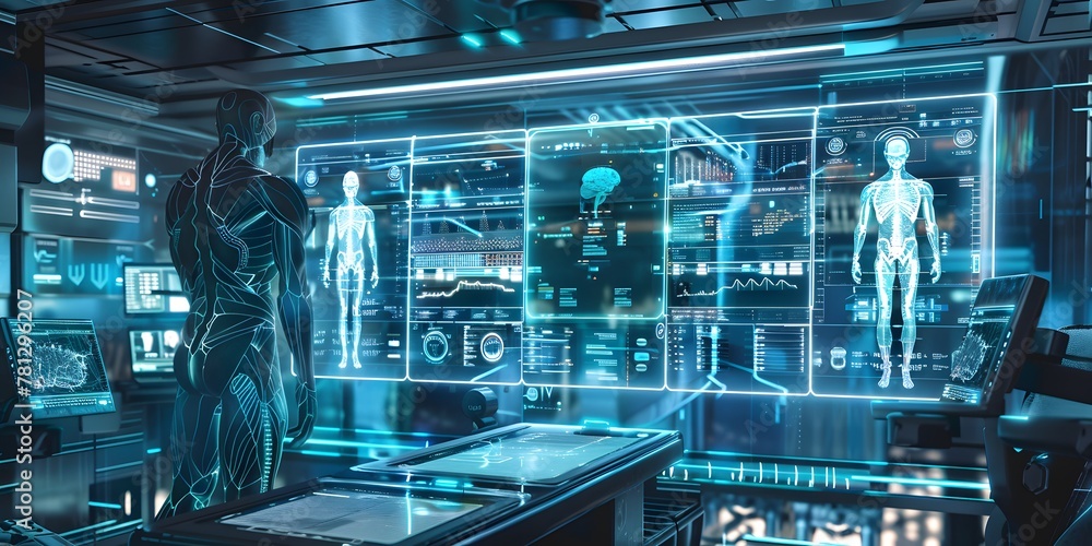 A futuristic medical laboratory filled with cutting-edge technology and advanced holograms displaying research findings on a human body in the background. A futuristic medical laboratory filled with cutting-edge technology and advanced holograms displaying research findings on a human body in the background.
