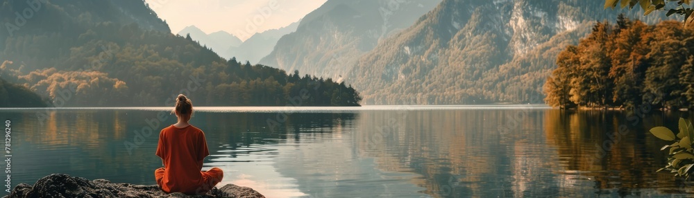 An individual sits in peaceful solitude on a rock by a calm mountain lake, reflecting on the serene beauty of the sunrise and the surrounding nature.