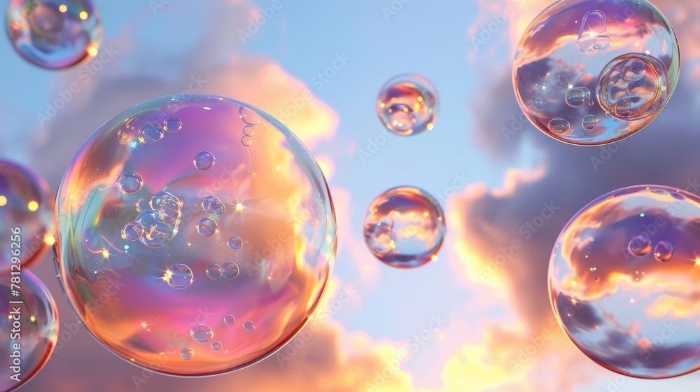 A 3D abstract art piece with holographic soap bubbles floating on a sky background. Liquid, liquid blobs, metaballs composed of fluid. A 3D abstract art piece with holographic soap bubbles floating on a sky background. Liquid, liquid blobs, metaballs composed of fluid.