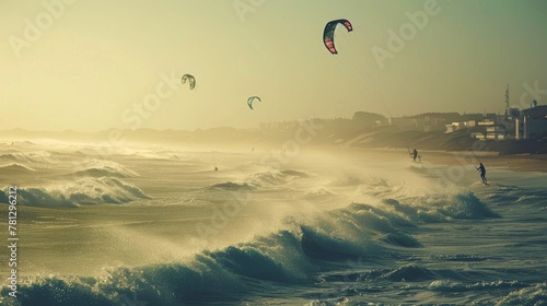 Kite surfing on a windy day, surfers catching air, the thrill of harnessing the elements