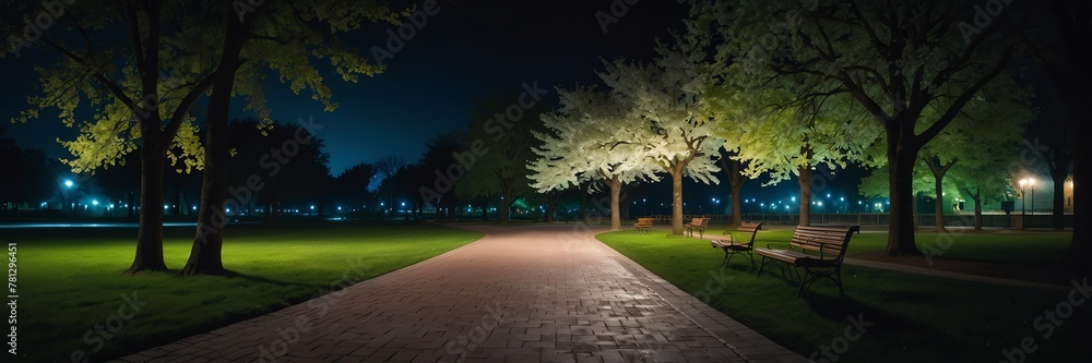 spring holidays in night park with walkway panoramic wide angle from Generative AI