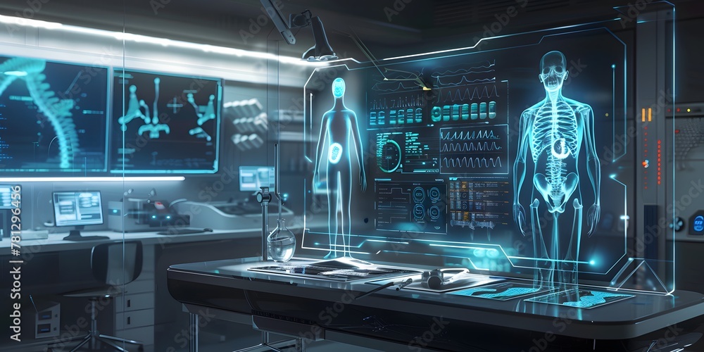 A futuristic laboratory filled with cutting-edge technology and medical research, displayed in a three-dimensional hologram interface.