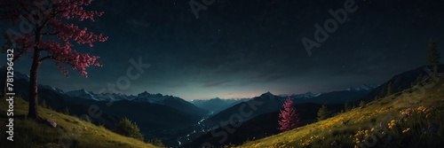 spring holidays in night flowery mountain range panoramic wide angle from Generative AI © SevenThreeSky