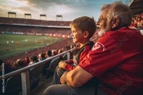 A grandfather and grandson are watching a sports match at a football stadium. Football fans