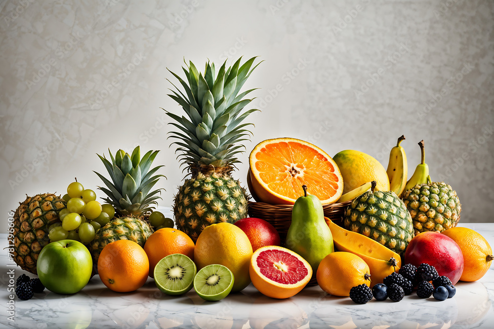 Elegance in Freshness: Capturing the Vibrant Essence of Tropical Fruits Arranged on a White Marble Surface, Bathed in Afternoon Sunshine - A Modern Take on Farm-to-Table Exotic Delights Elegance in Freshness: Capturing the Vibrant Essence of Tropical Fruits Arranged on a White Marble Surface, Bathed in Afternoon Sunshine - A Modern Take on Farm-to-Table Exotic Delights