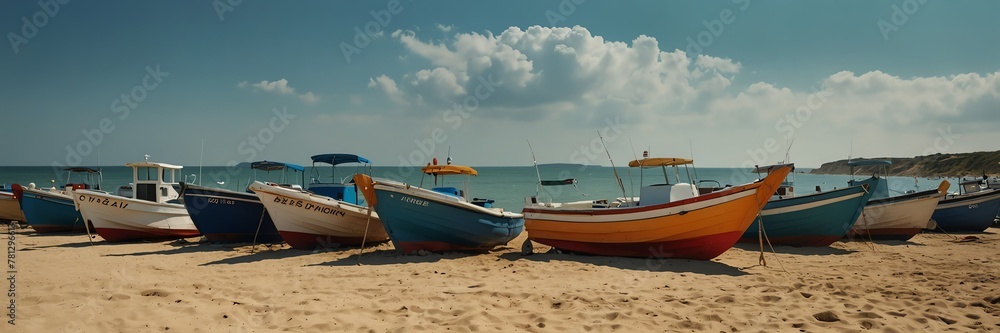 summer holidays in sunset beach fishing boats panoramic wide angle from Generative AI