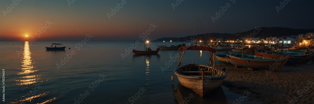summer holidays in night beach fishing boats panoramic wide angle from Generative AI