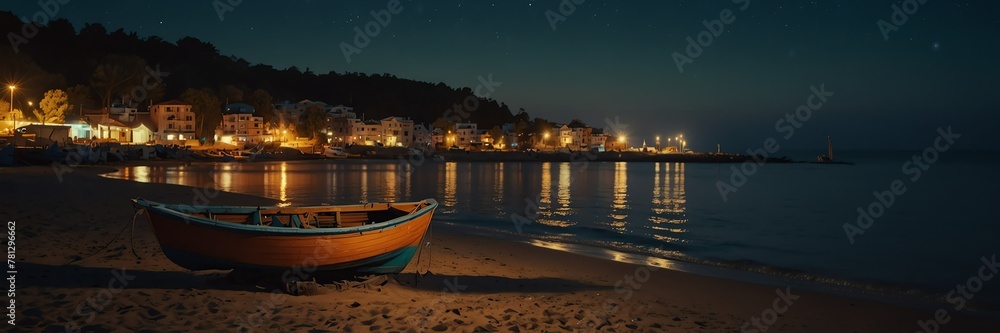 summer holidays in night beach fishing boats panoramic wide angle from Generative AI