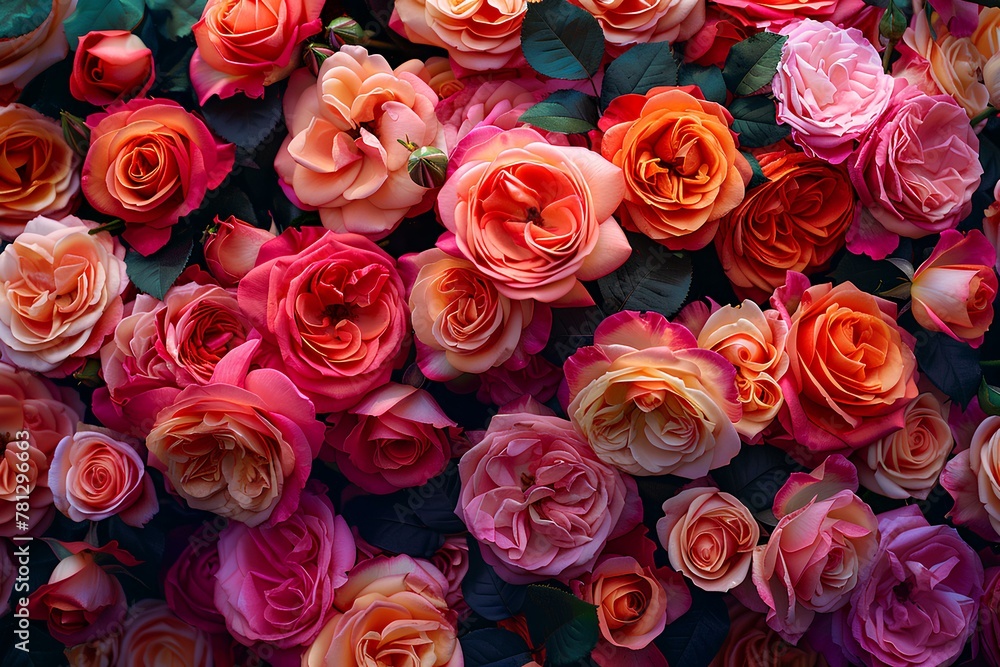 Naklejka premium A bunch of pink and orange roses with green leaves