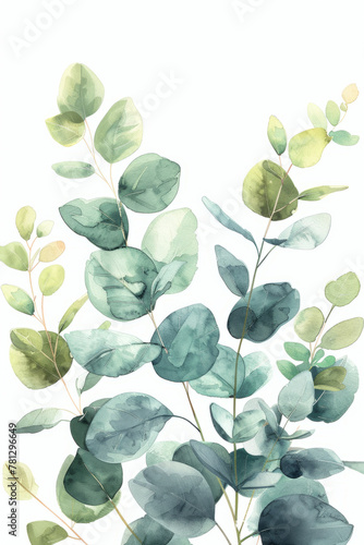 Ethereal watercolor painting capturing the essence of eucalyptus branches in soothing shades of green  evoking a sense of tranquility and refreshment.