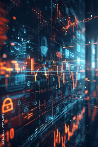 Visual representation of financial security and trust through graphs, data encryption symbols, and a lock.