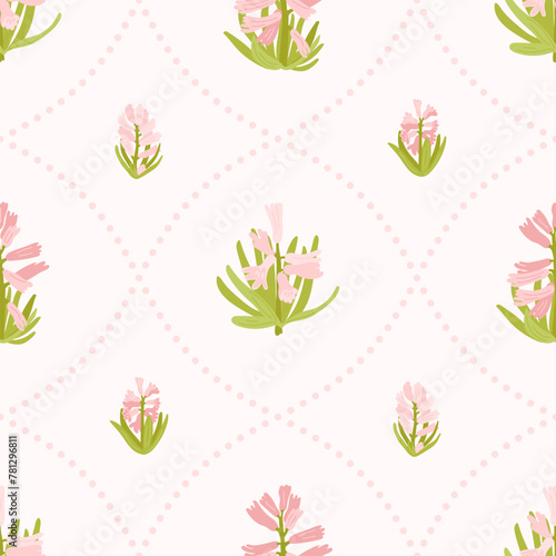 Spring pink hyacinths flowers vector seamless pattern. Vintage romantic design of bloom and dotted lines on background. Floral cottage core print for fabric, paper, packaging, card making