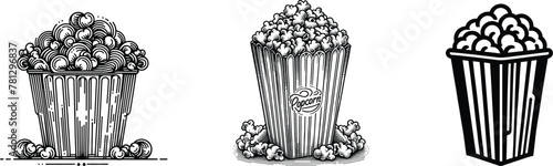 Set of popcorn in cardboard box, vector illustration.
