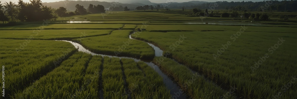 summer time in rice fields panoramic wide angle from Generative AI