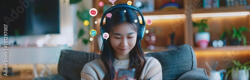 young asian woman sitting on armchair in the living room, wearing headphones and using smartphone with floating social media icons and likes thumbs up showing online community concept photo