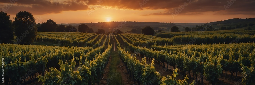 summer time in vineyard sunset panoramic wide angle from Generative AI