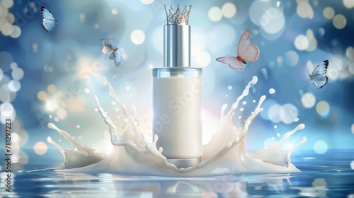 The background has a realistic blurred appearance that shows milk cosmetics. This mock-up promo poster shows white body lotion in a bottle with a silver dispenser in a milk splash, and a crown with photo