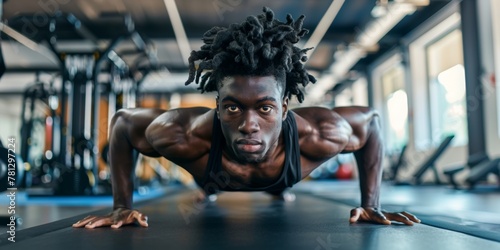 African American Man With Defined Muscles Doing Push-Ups In a Gym In Daylight, Motion, Gym Background, Front View photo