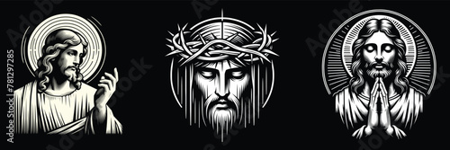 Set of Jesus Christ, isolated on black background, symbol of Christianity, vector illustration.
