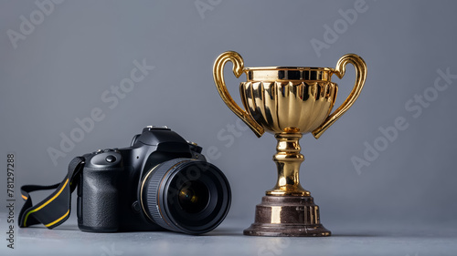 appareil photo reflex à côté d'un trophée en or pour un concours photo - fond gris foncé