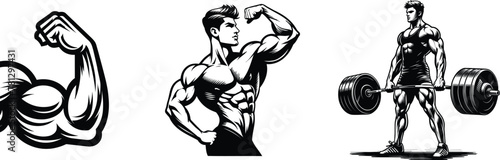 Set of body builders, fitness, gym logo or label, bodybuilding concept, vector illustration.