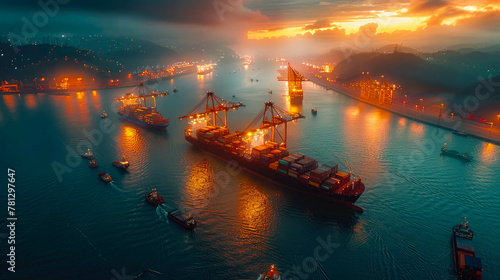 Aerial view of container ship in the sea at sunset time