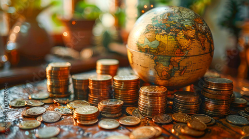 Globe and coins on table in library, closeup. Travel concept